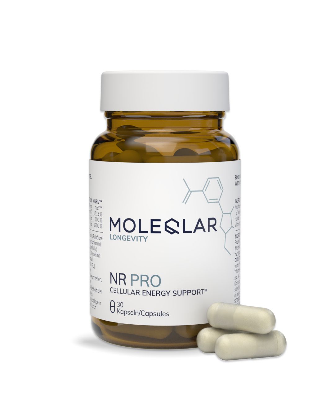 Bouteille en verre brun avec bouchon blanc, étiquetée MoleQlar NR PRO. Contient 30 capsules.