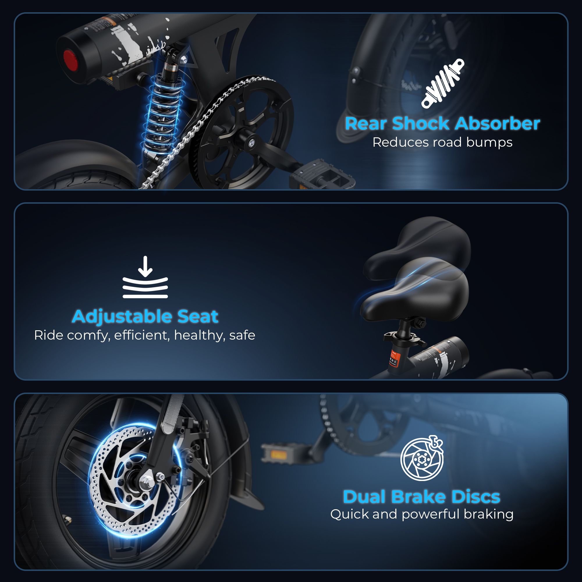 Detailweergave van de VARUN C14-1. Verstelbare zitting, achterschokdemper, dubbele schijfremmen. Blauwe accenten.