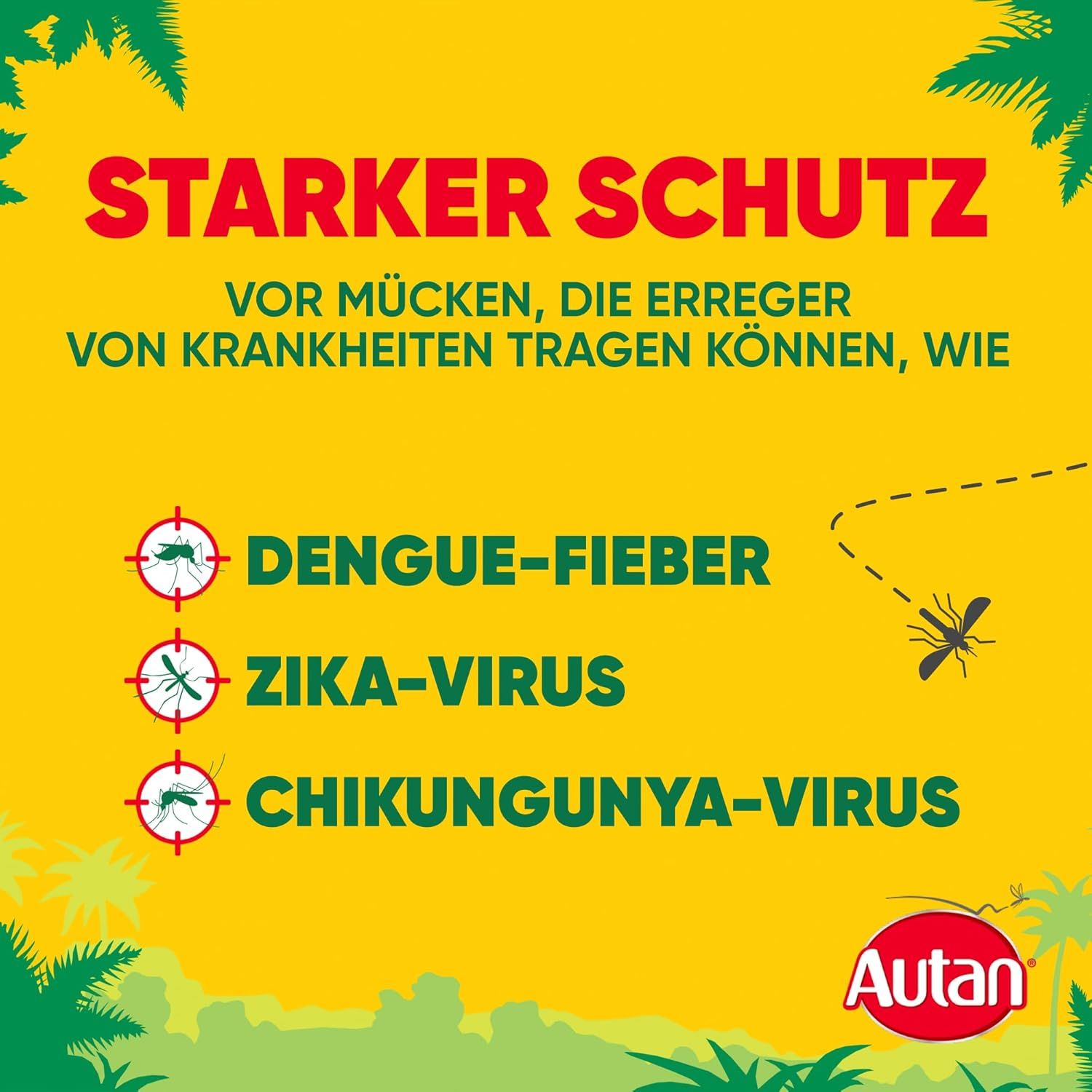 Fond jaune avec texte: Forte protection contre les moustiques porteurs de maladies. Dengue, Zika, Chikungunya. Logo Autan.