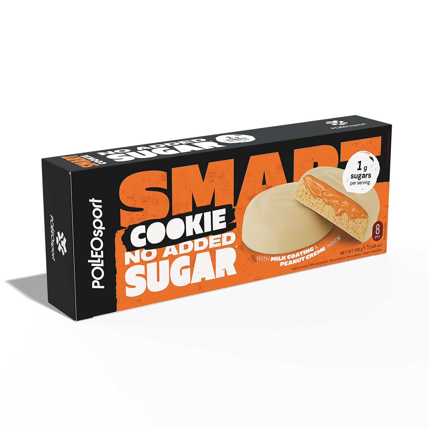 Doos met 8 Smart Cookies, zonder toegevoegde suikers, omhuld met melkchocolade en gevuld met pindakaascrème.