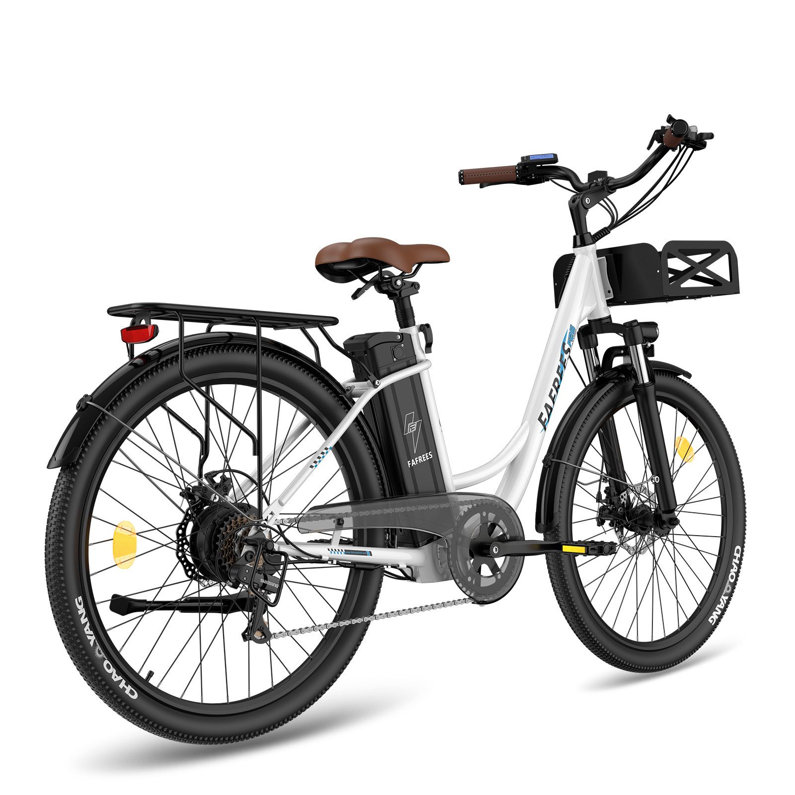 Vélo électrique Fafrees F26 blanc, avec panier et porte-bagages. Pneus noirs, selle et poignées marron. Batterie sur cadre.
