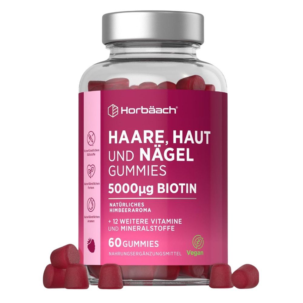 Flacon en verre avec gummies rouges. Inscription: Haare, Haut und Nägel Gummies, 5000µg Biotin. 60 gummies. Vegan.