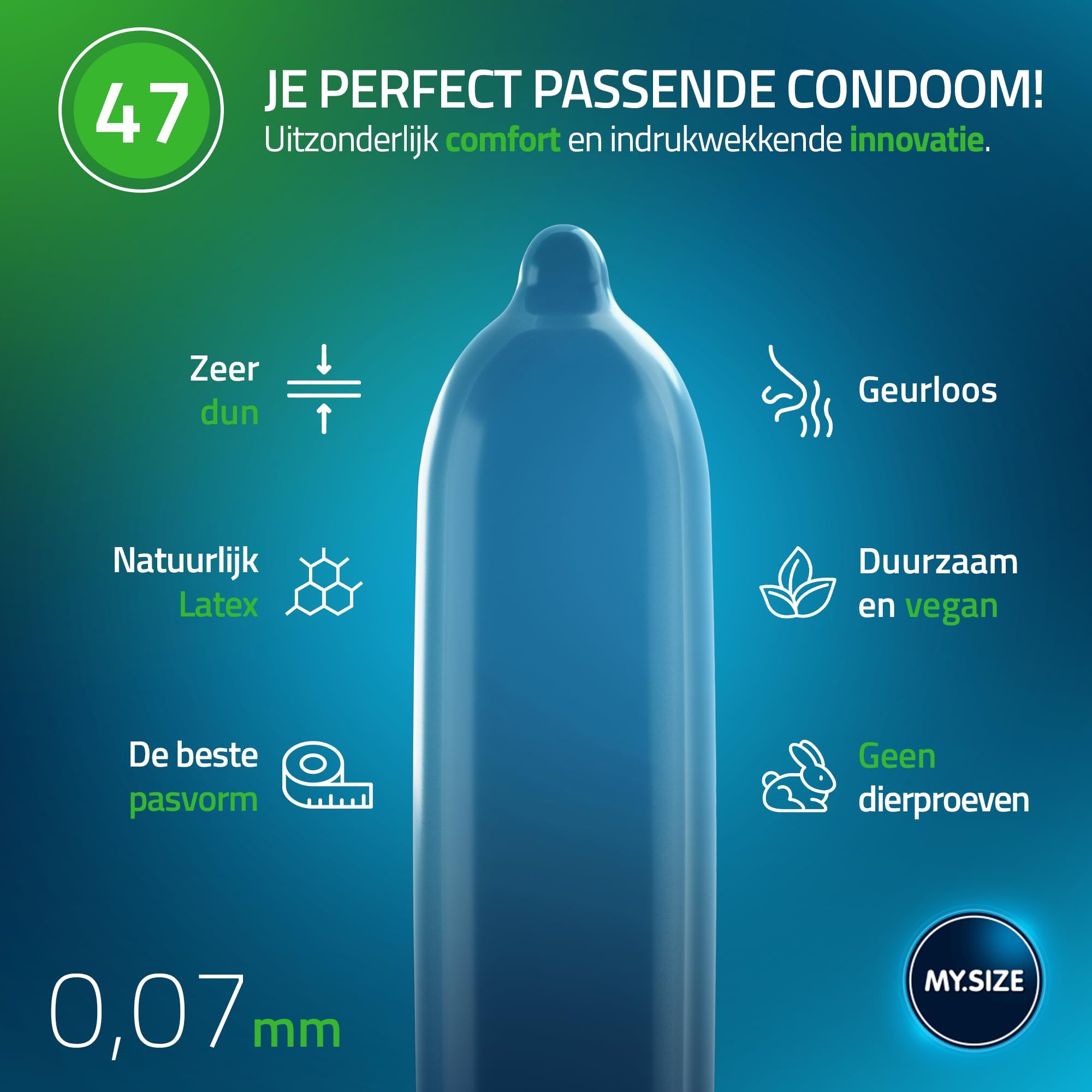 MY.SIZE 47 condoom: Zeer dun, natuurlijk latex, geurloos, vegan. 0,07mm.