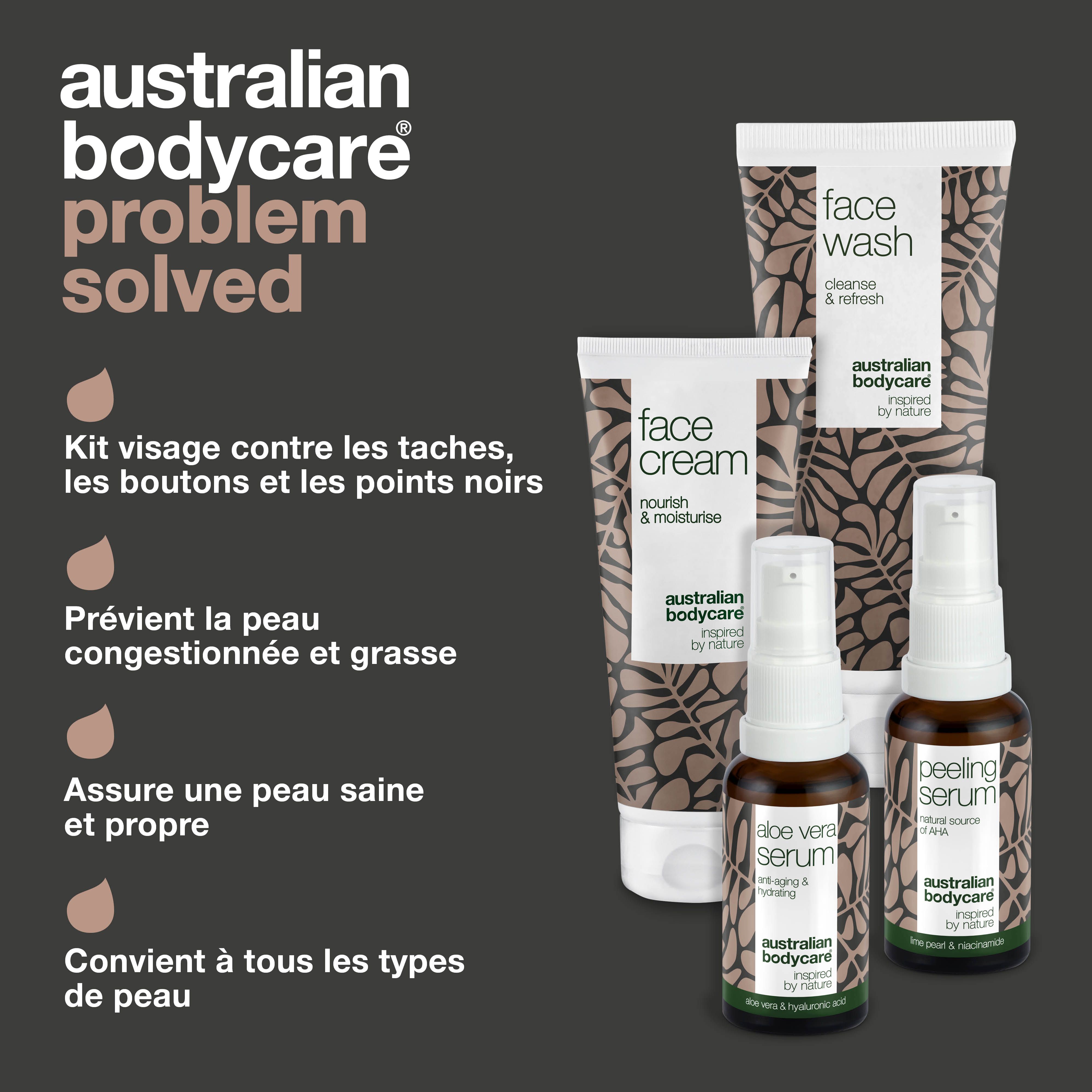 Produits Australian Bodycare: Face Wash, Face Cream, Peeling Serum, Aloe Vera Serum. Texte: Problème résolu. Pour boutons et plus.