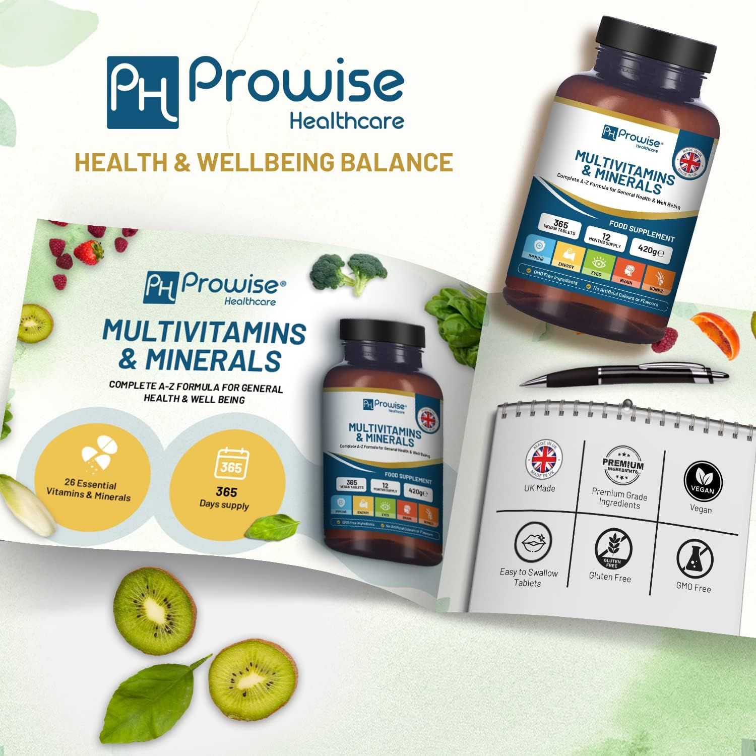Meerdere flessen "Prowise Healthcare" Multivitaminen & Mineralen, notitieblok en fruit op lichte achtergrond.