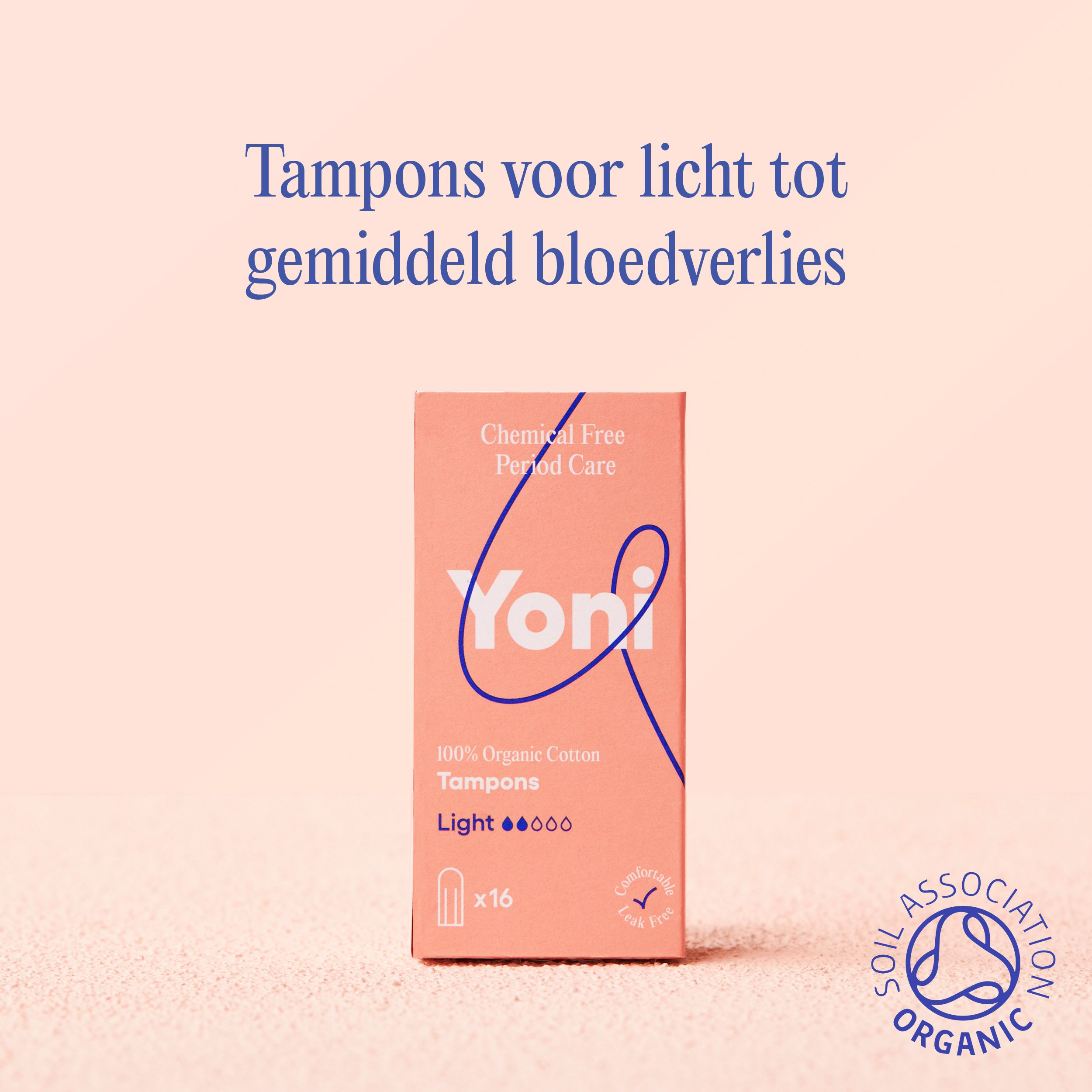 Tekst en tamponverpakking. Merk Yoni, 100% biologisch katoen, Light.