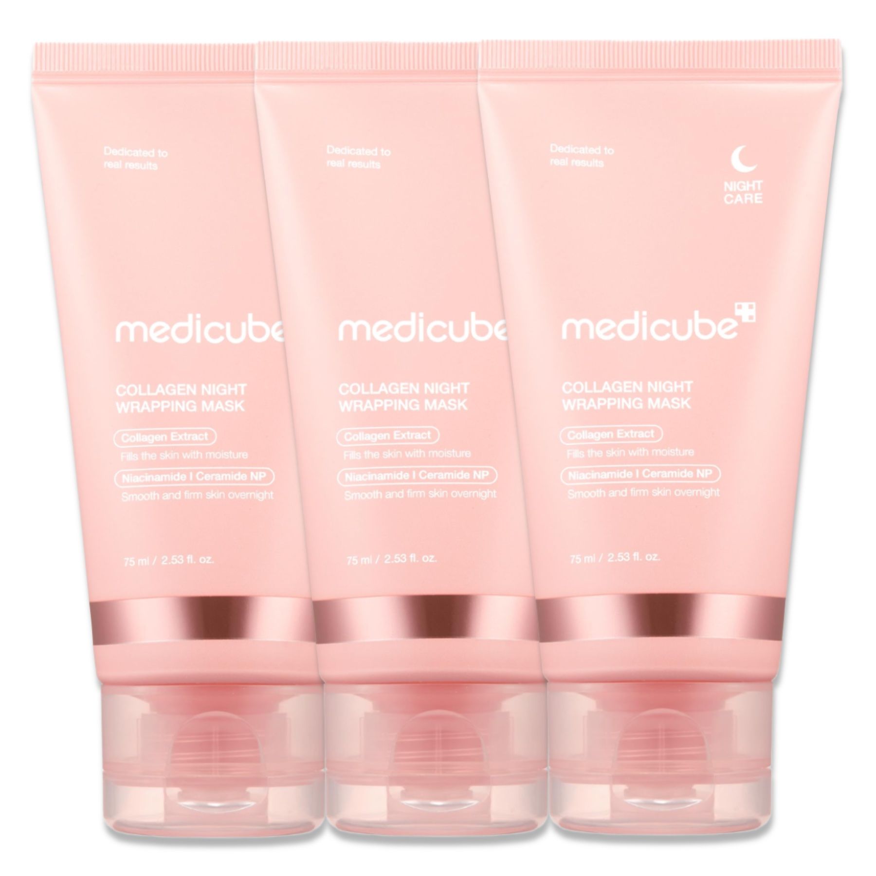 Drie tubes Medicube Collagen Night Wrapping Mask. Roze tubes met witte tekst. Opschrift: Collagen Night Wrapping Mask.
