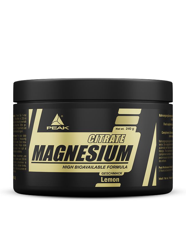 Zwarte pot met gouden etiket. Bevat de tekst 'PEAK Magnesium Citrat - Geschmack Lemon' en 'High Bioavailable Formula'.