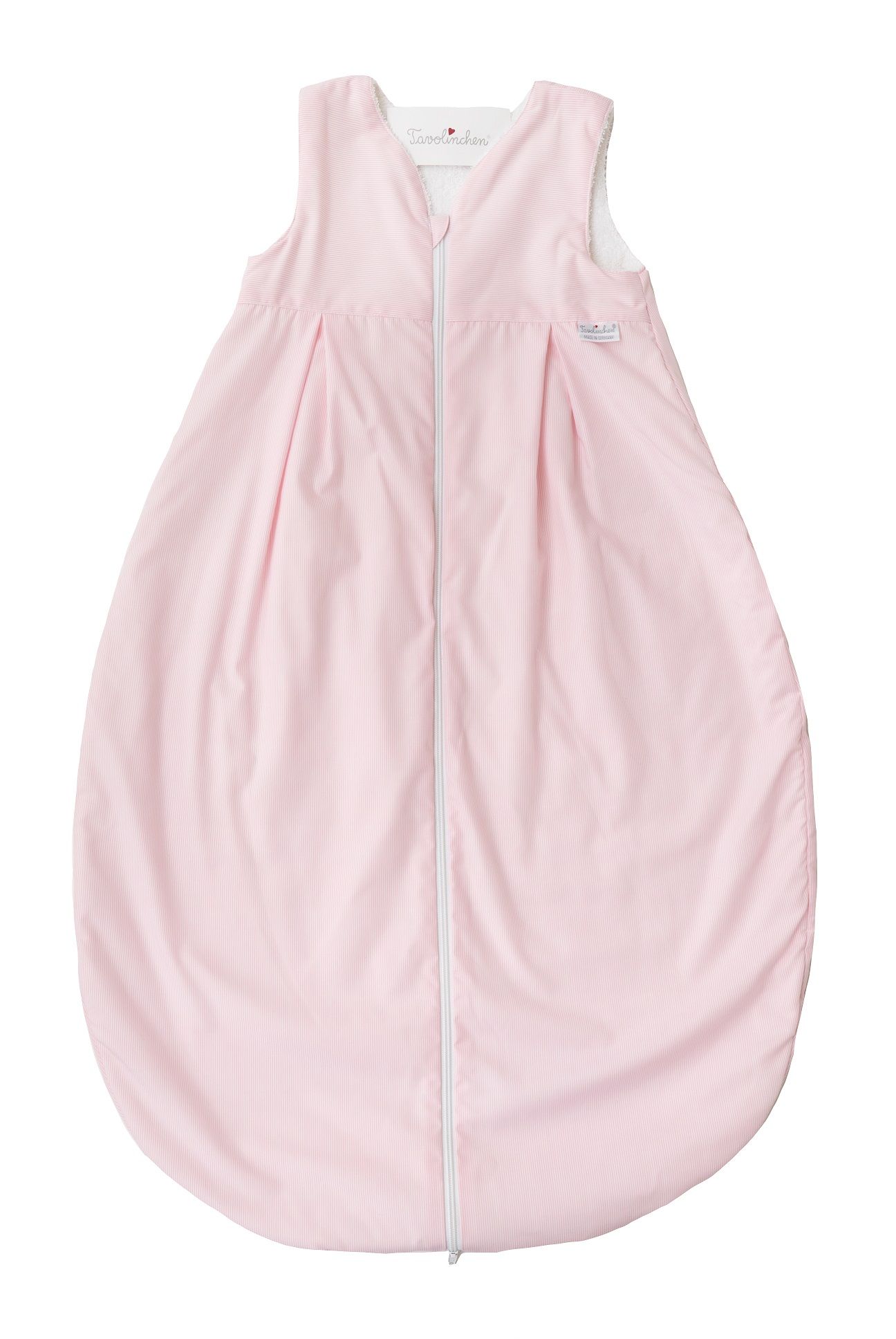Gigoteuse rose avec fermeture éclair. Extérieur rayé, intérieur blanc. Sans manches, extrémité arrondie. Marque visible.