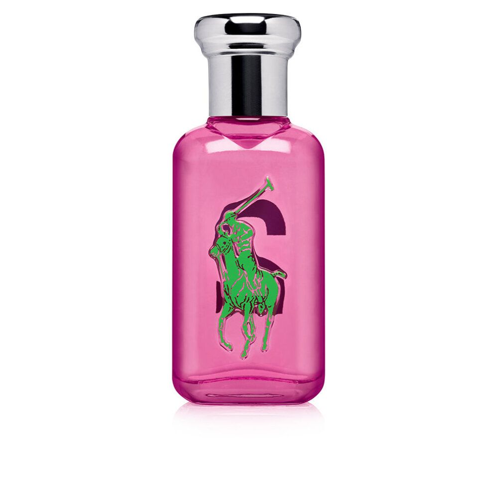 Flacon rose avec logo "2" bleu. Bouchon argenté. Vaporisateur. Verre transparent.