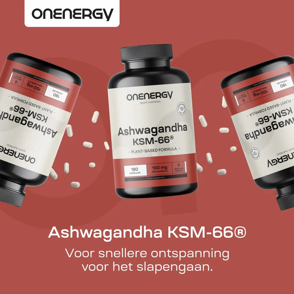 Twee vrouwen mediteren. Daarnaast: fles Ashwagandha KSM-66® met 180 capsules. Tekst: ondersteuning van prestaties.