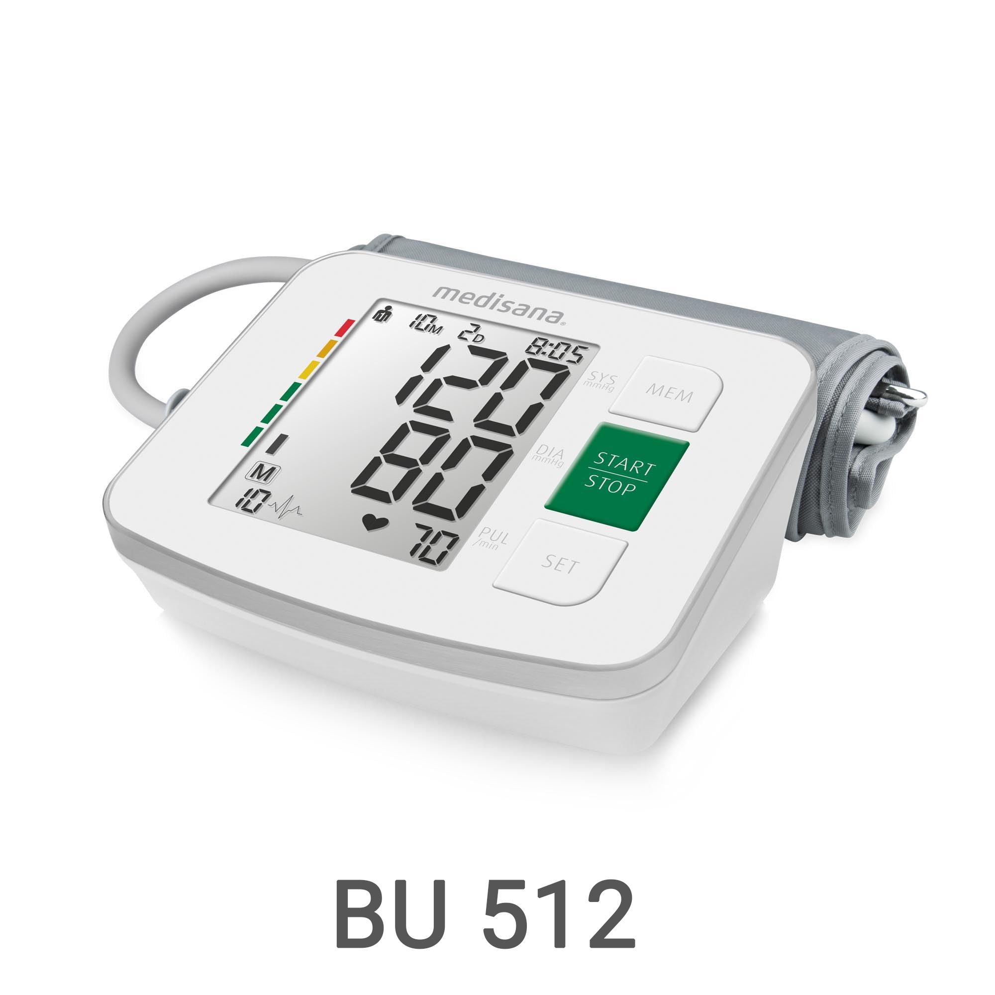 Tensiomètre de bras blanc BU 512 avec grand écran et bouton vert Start.