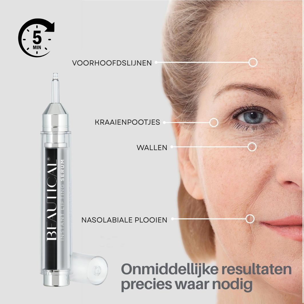 BEAUTICAL Instant Lifting Serum. Gezicht met rimpels. Product naast gezicht.