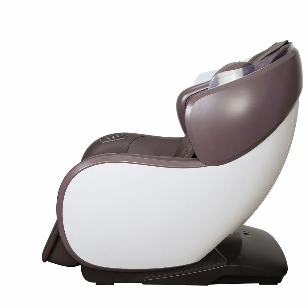 Fauteuil de massage en similicuir marron, coque blanche, accoudoirs, appui-tête, repose-pieds. Vue latérale.