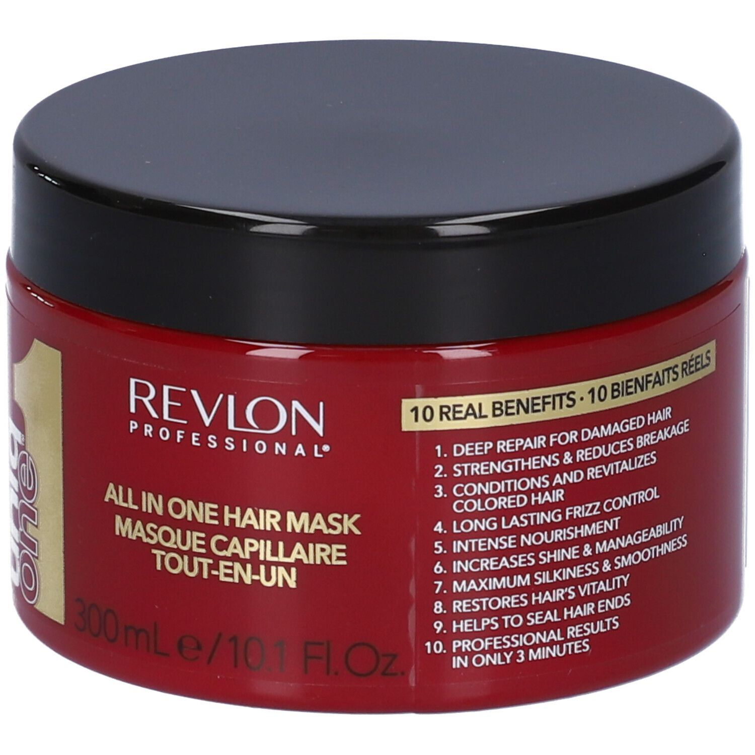 Pot rouge avec couvercle noir. Inscription: Revlon Uniq One All in One Hair Mask. 300ml/10.1 Fl.Oz.