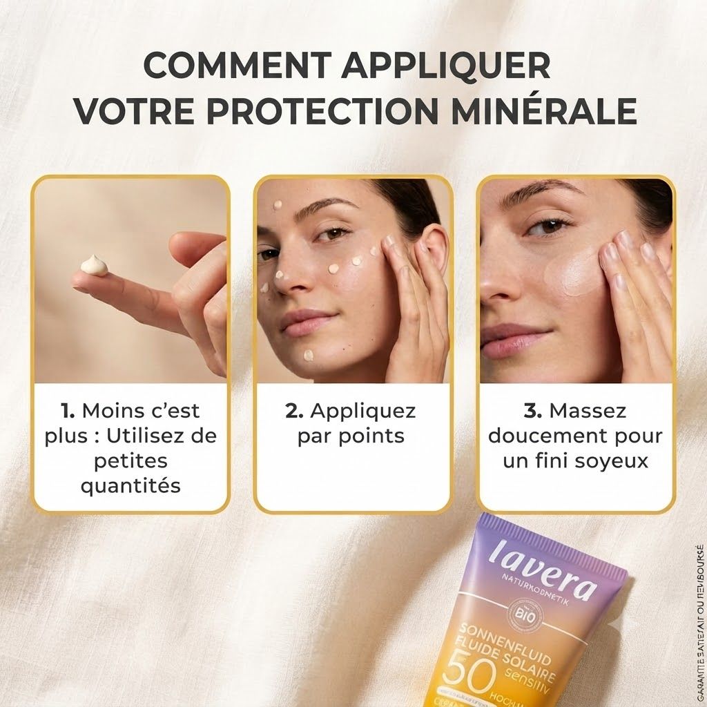 Application de protection solaire minérale : Appliquer en petites quantités, par points, masser doucement.