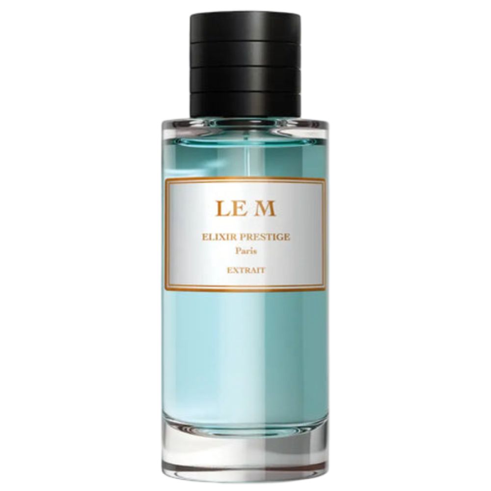 Flacon de parfum bleu clair avec bouchon noir et étiquette dorée.