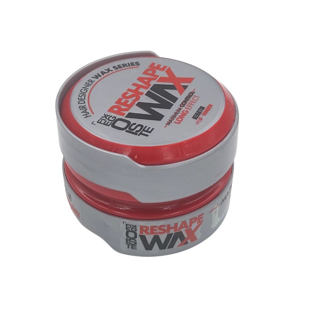 Rode pot met zilveren deksel. Opschrift: Reshape Wax. Pot gesloten.