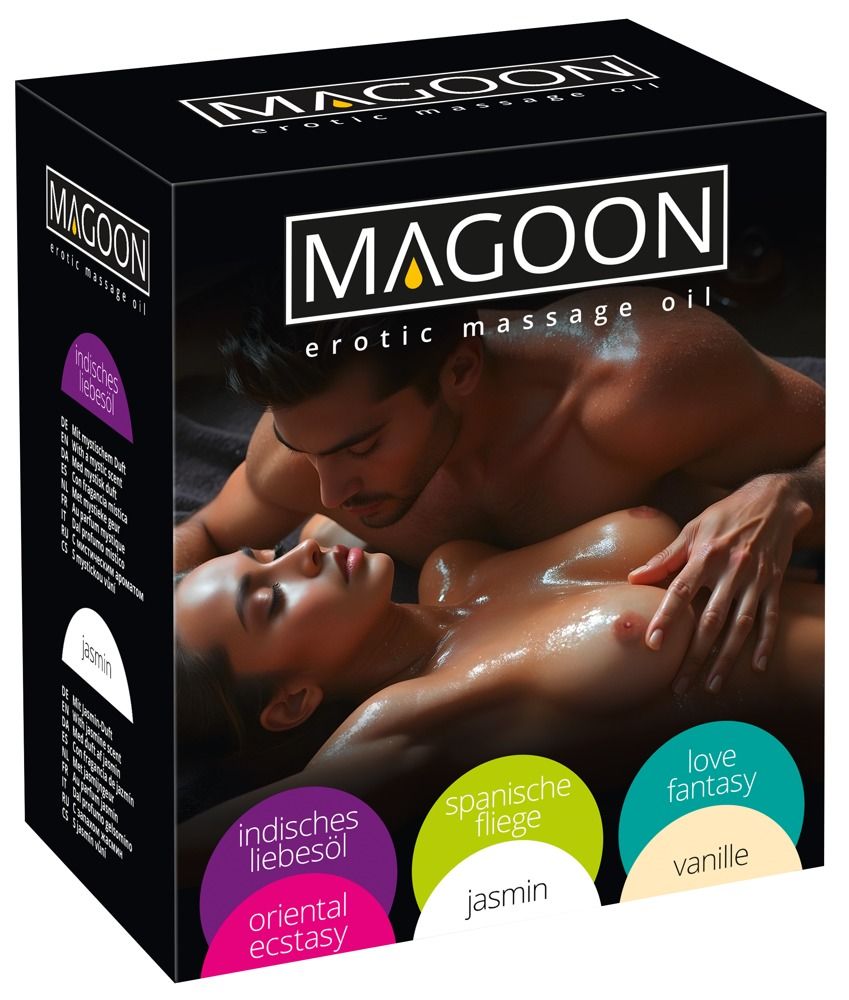 Verpakking van Magoon erotische massageolie met afbeelding van een stel en diverse geurvarianten.