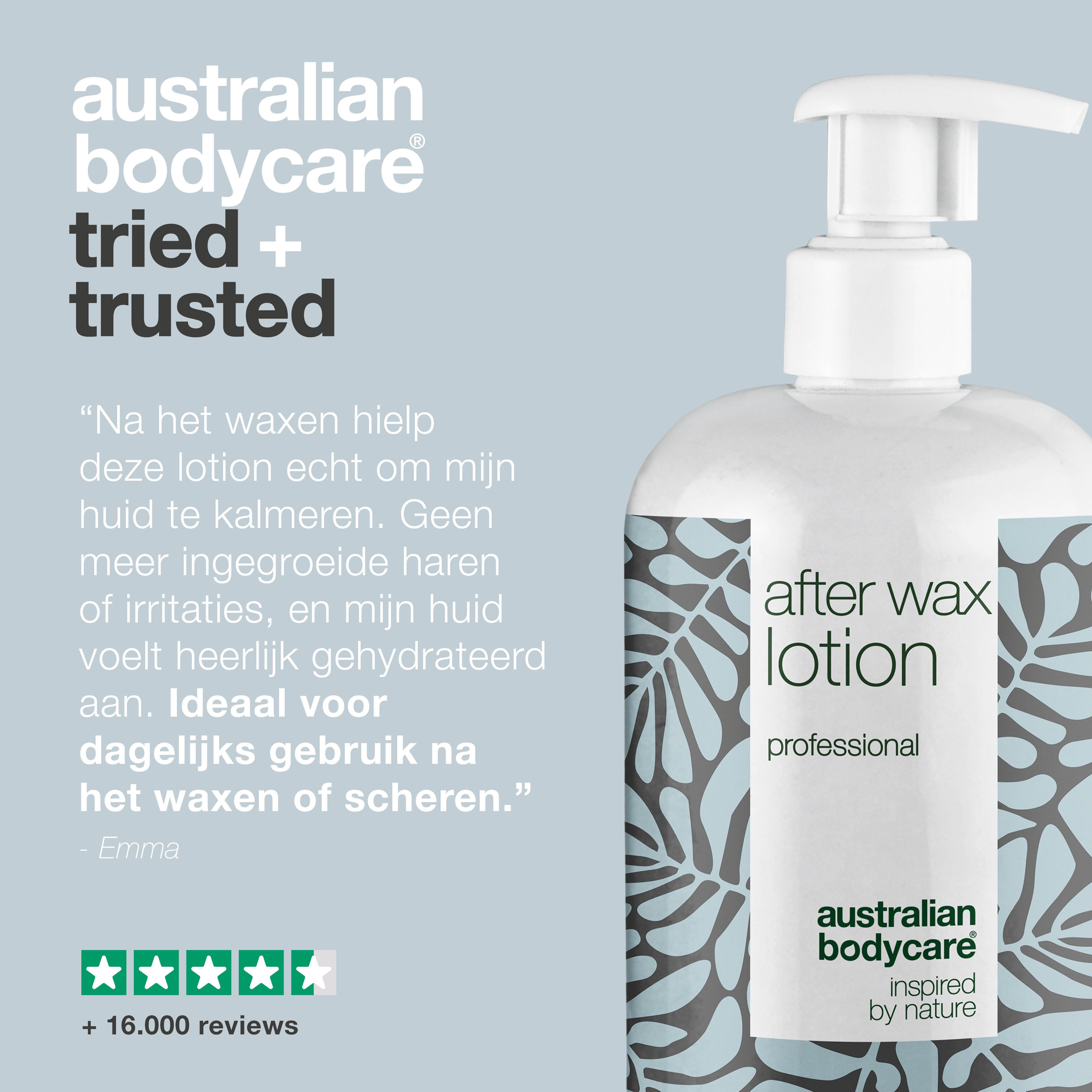 Fles en tekst. Tekst: After Wax Lotion kalmeert, geen roodheid, geen ingegroeide haren.