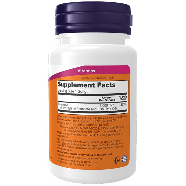 Flacon blanc avec bouchon violet. Étiquette avec informations produit et nutritionnelles. Marque : NOW Foods. Contient des gélules.