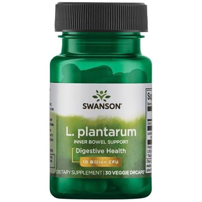 Flacon vert avec bouchon noir. Inscription: SWANSON, L. plantarum, 10 milliards d'UFC, complément alimentaire.