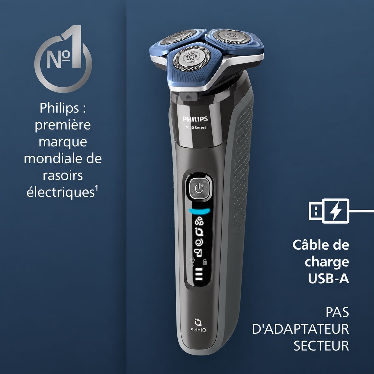 Rasoir électrique Philips avec trois têtes de rasage rotatives, indicateur de charge et câble de chargement USB-A.