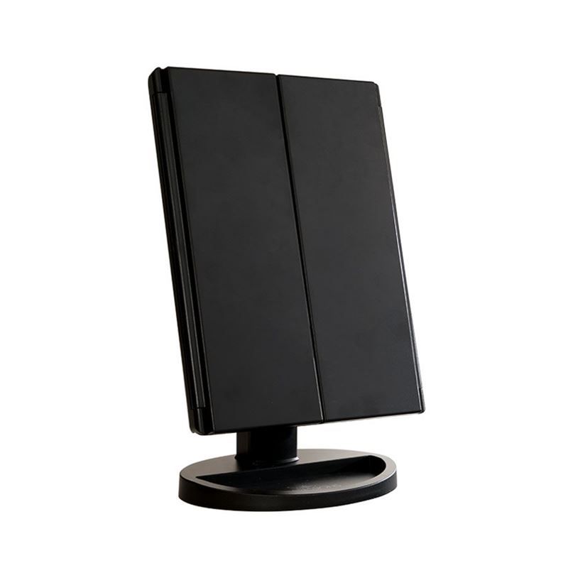 Miroir pliable noir fermé avec éclairage LED. Triple, sur socle rond. Surface noire.