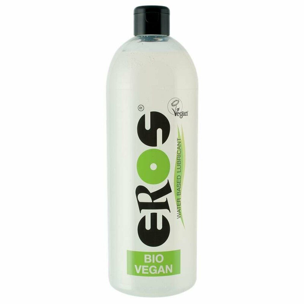 Eros glijmiddel: waterbasis, Bio & Vegan gecertificeerd. Transparante fles met zwarte dop.