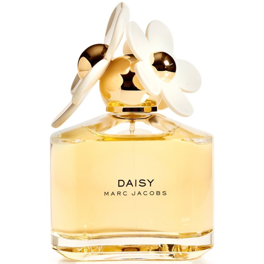Parfumflesje Daisy Marc Jacobs met witte bloem. Opschrift: DAISY MARC JACOBS. Transparant flesje.