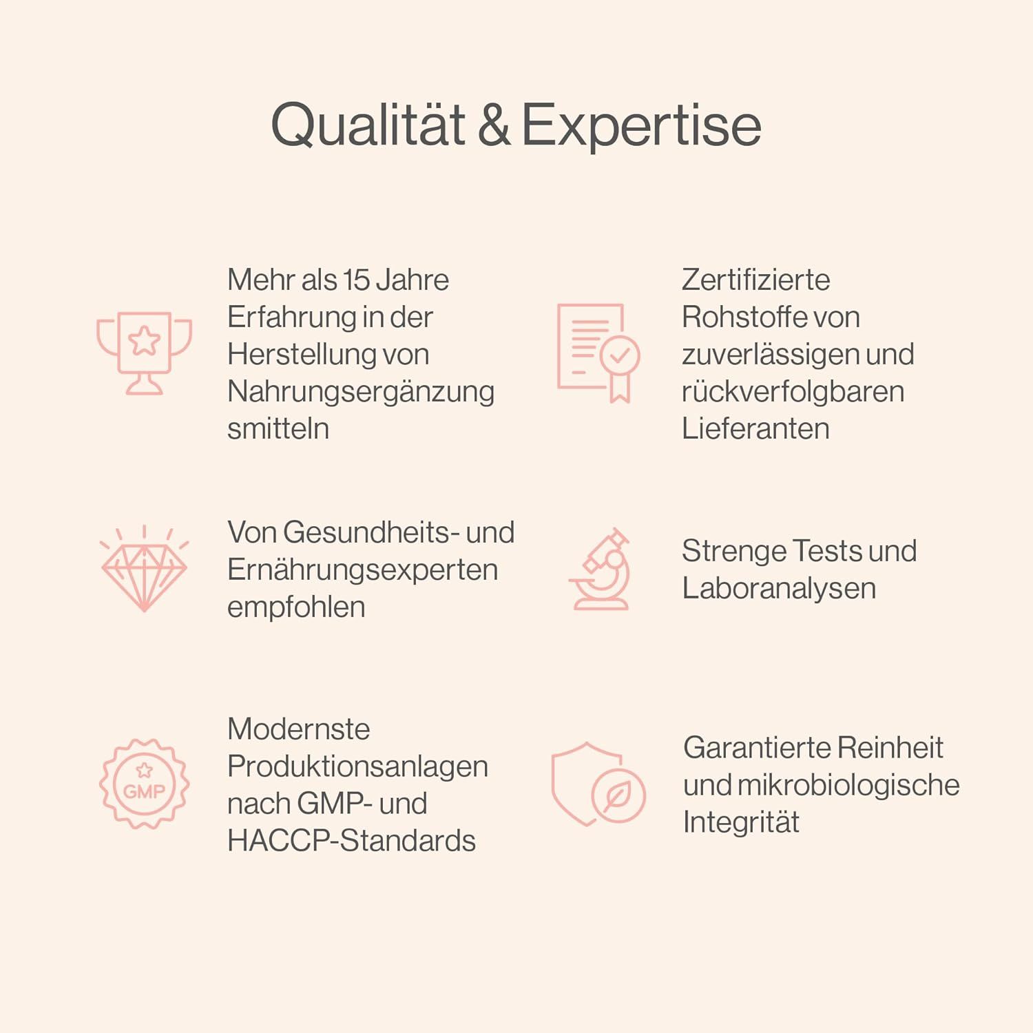 Infographie: Plus de 15 ans d'expérience, matières premières certifiées, recommandées par des experts, tests rigoureux, normes GMP.