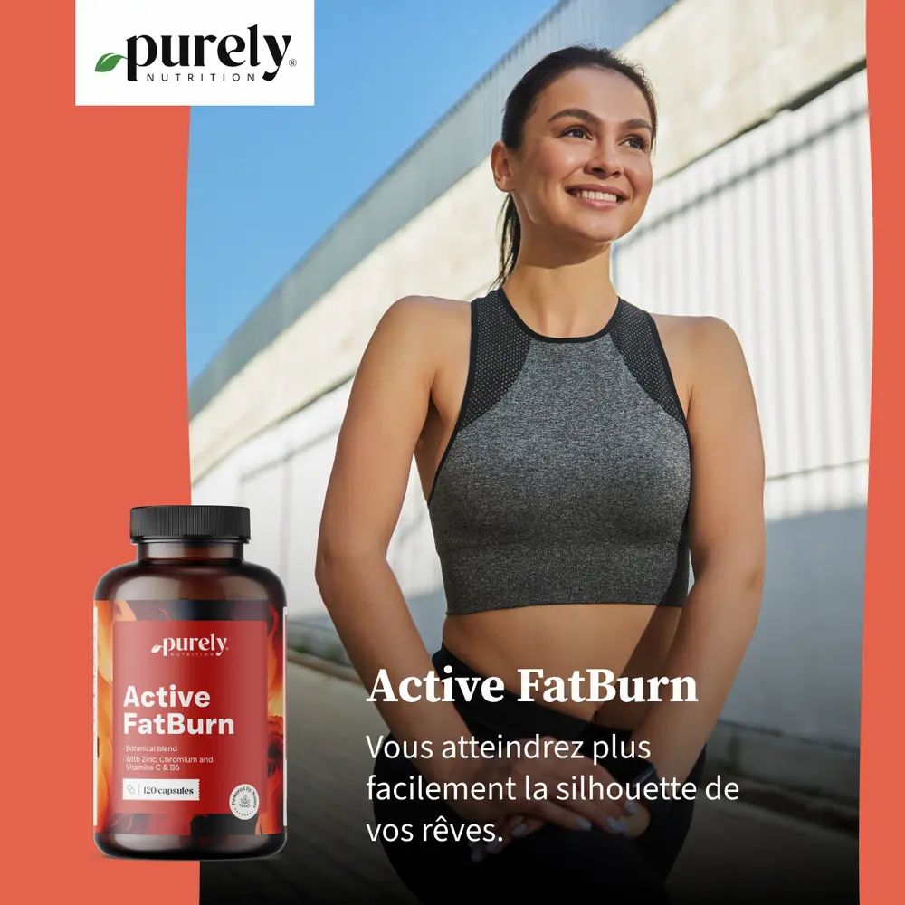 Femme en tenue de sport souriante. À côté, une bouteille 'Active FatBurn'.