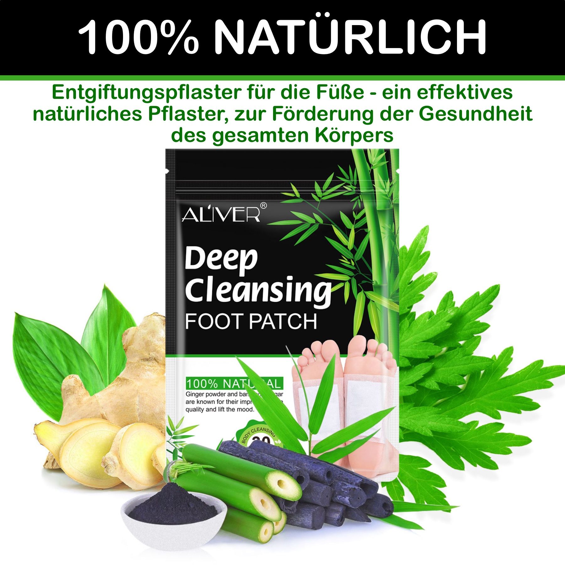 ALIVER voetpleisters met bamboeazijn. Productafbeelding met ingrediënten: gember, bamboehoutskool, alsem. Tekst: Deep Cleansing Foot Patch.