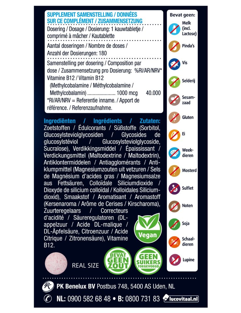 Texte au dos de l'emballage Lucovitaal Vitamine B12. Informations sur les avantages et l'utilisation.