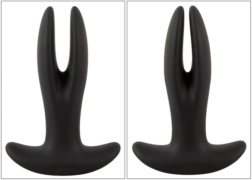 Deux écarteurs anaux noirs avec base large et pointe divisée côte à côte.