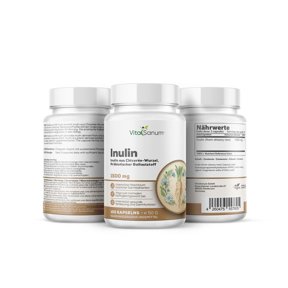 Trois flacons blancs avec étiquettes. L'étiquette centrale indique "VitaSanum Inulin". 1500 mg. 200 capsules.
