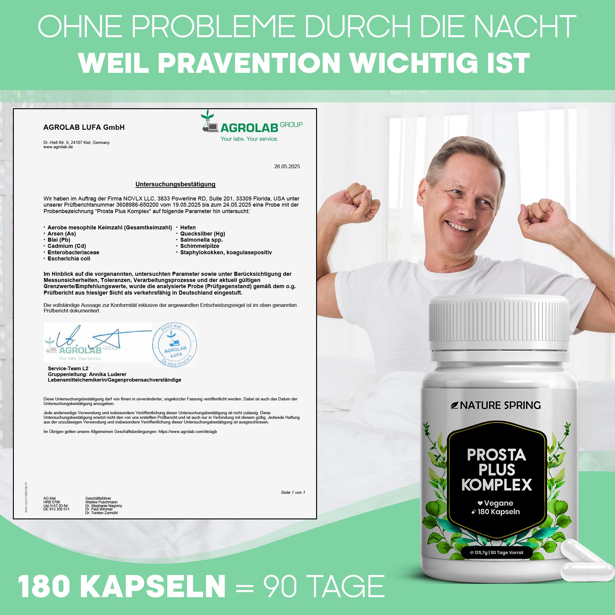 Man in bed, naast hem een pot Nature Spring Prosta Plus Komplex en een analysecertificaat.
