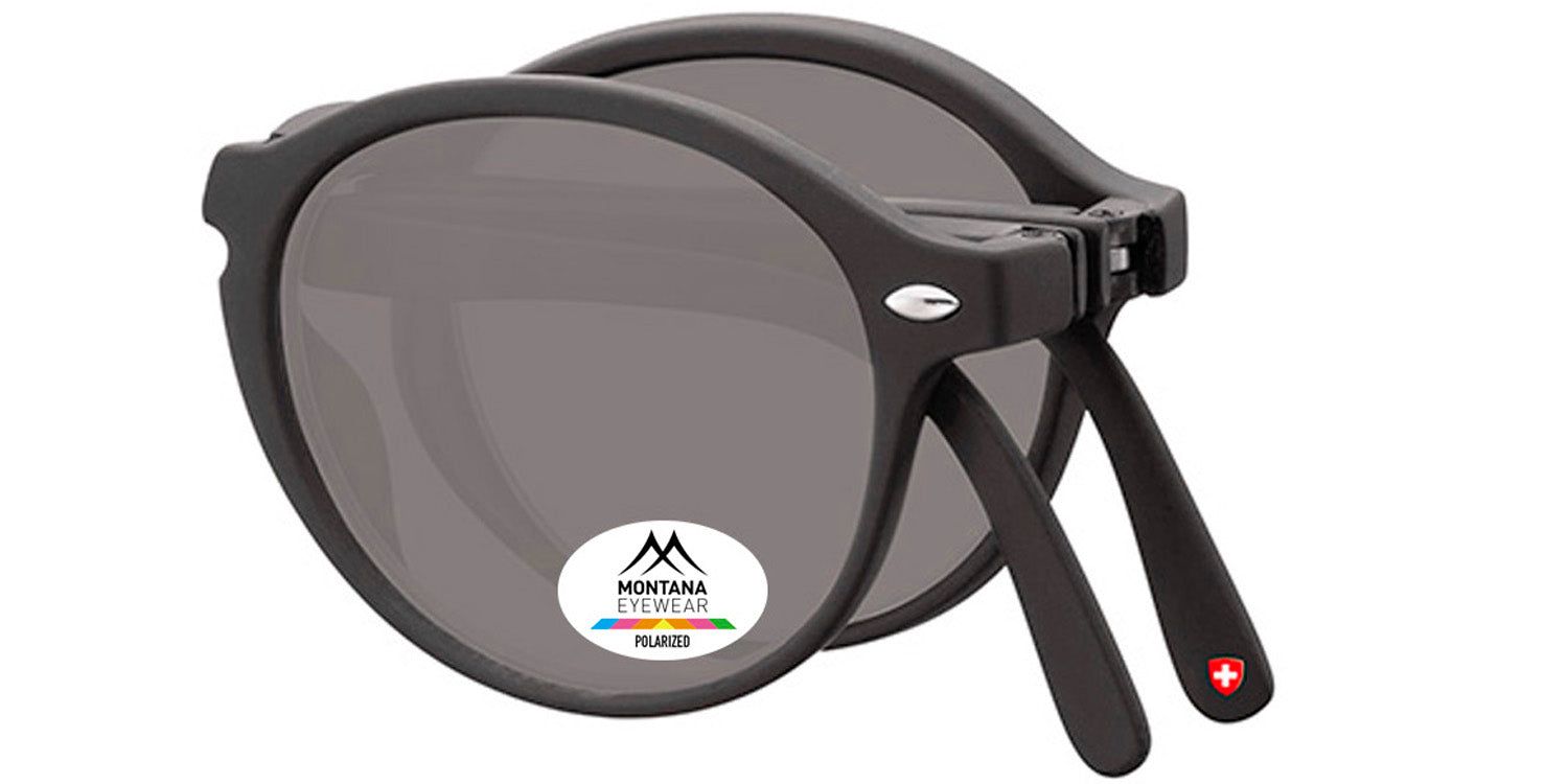 Lunettes de soleil pliables Montana Eyewear. Verres ronds gris, monture noire. Logo et autocollant Polarized. Croix suisse sur la branche.