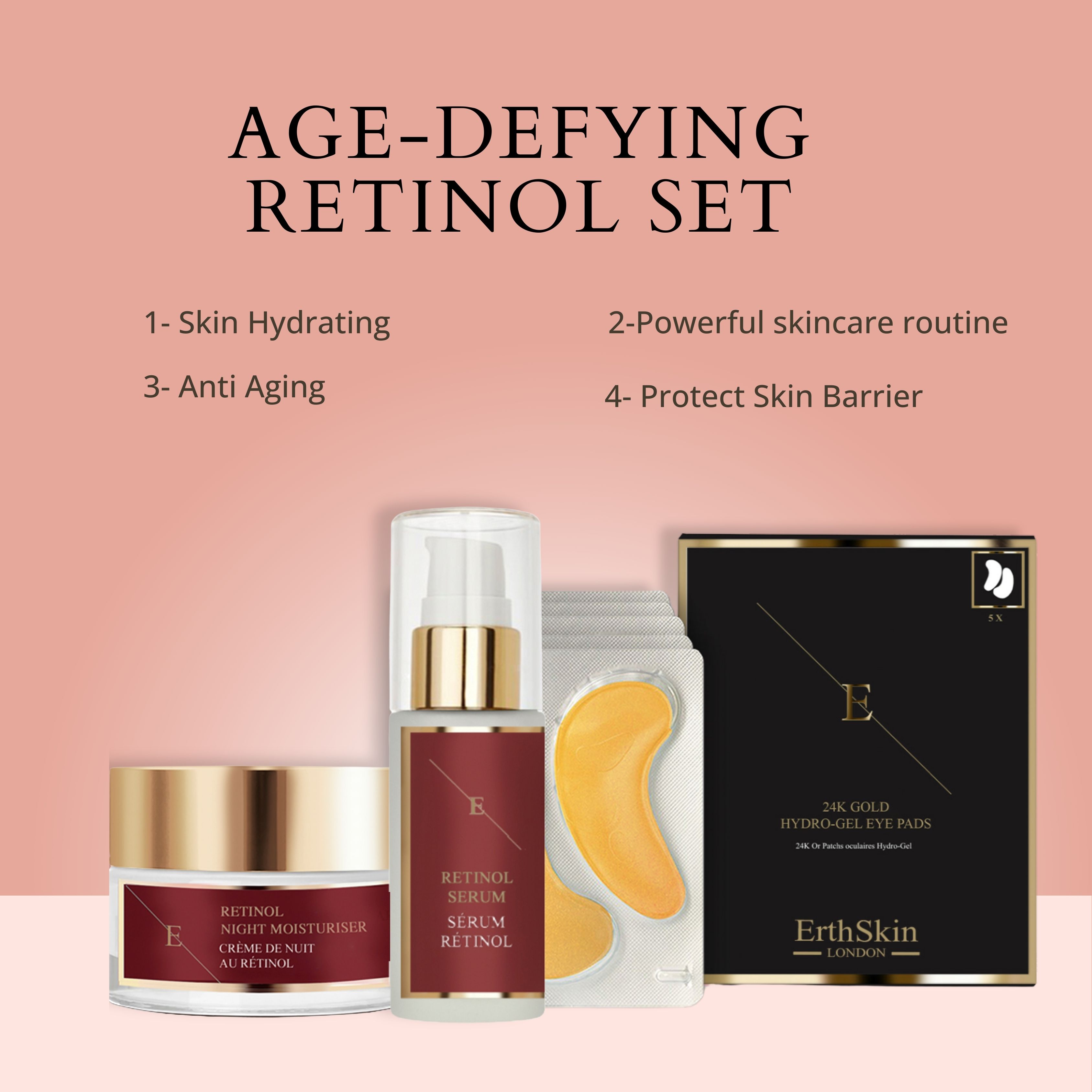 Ensemble de pads pour les yeux, crème de nuit et sérum. Texte : Age-Defying Retinol Set. Pads dorés, flacons de crème et sérum. Emballage noir.