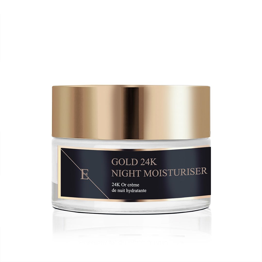 Glazen crème pot met gouden deksel en zwart etiket met "GOLD 24K NIGHT MOISTURISER".