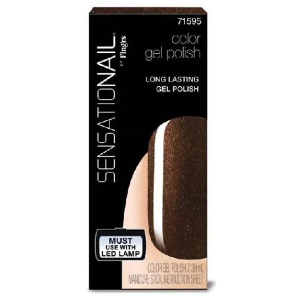 Emballage de vernis gel Sensationail. Couleur marron avec une bande blanche. Texte : "Must use with LED lamp".