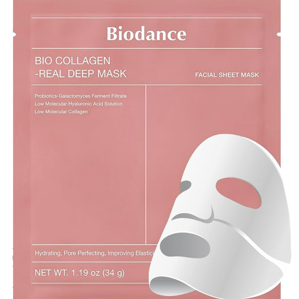 Emballage rose avec nom du produit et masque facial. Texte : Bio Collagen - Real Deep Mask, Facial Sheet Mask.