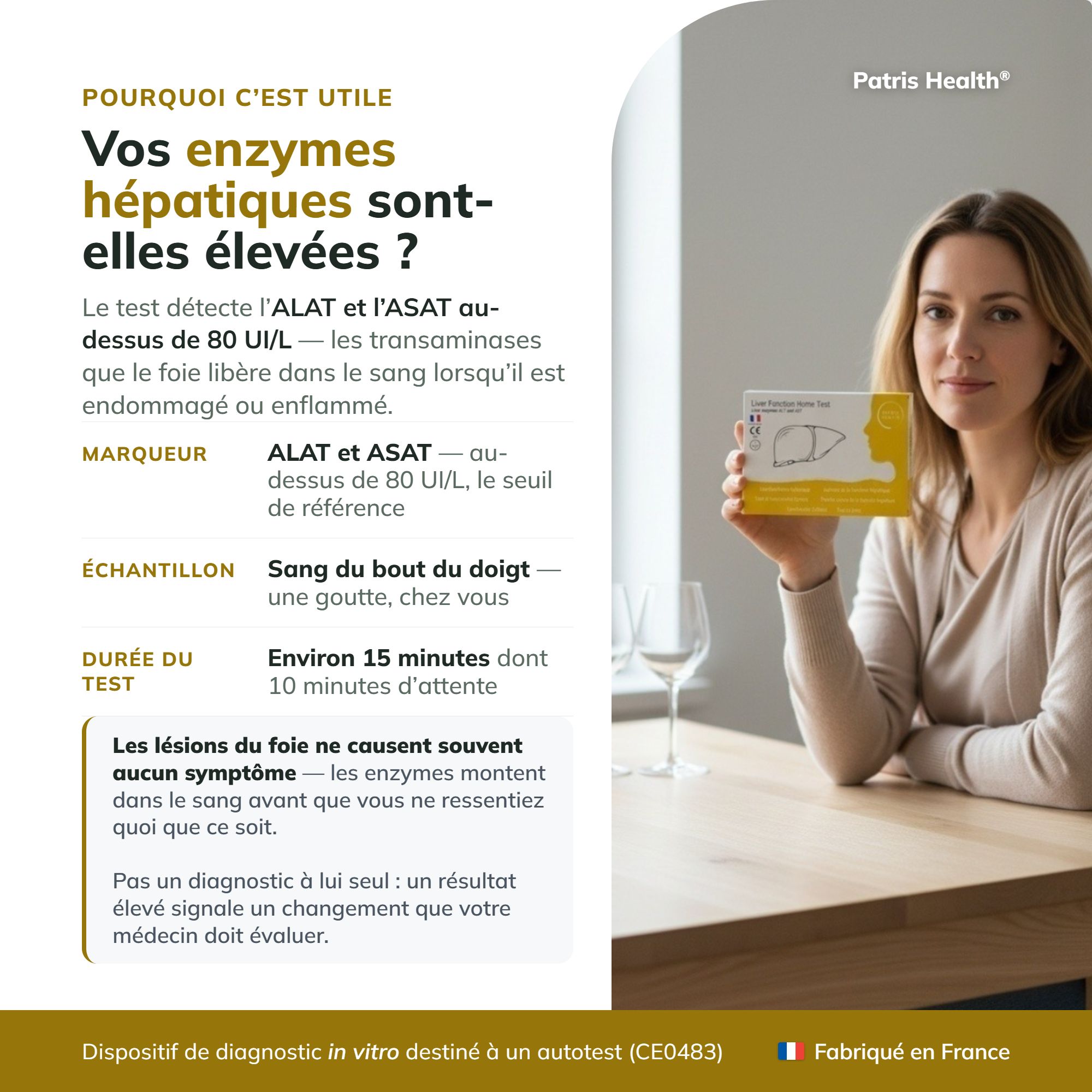 Précautions pour le test hépatique Patris Health, avec image du produit et certifications.