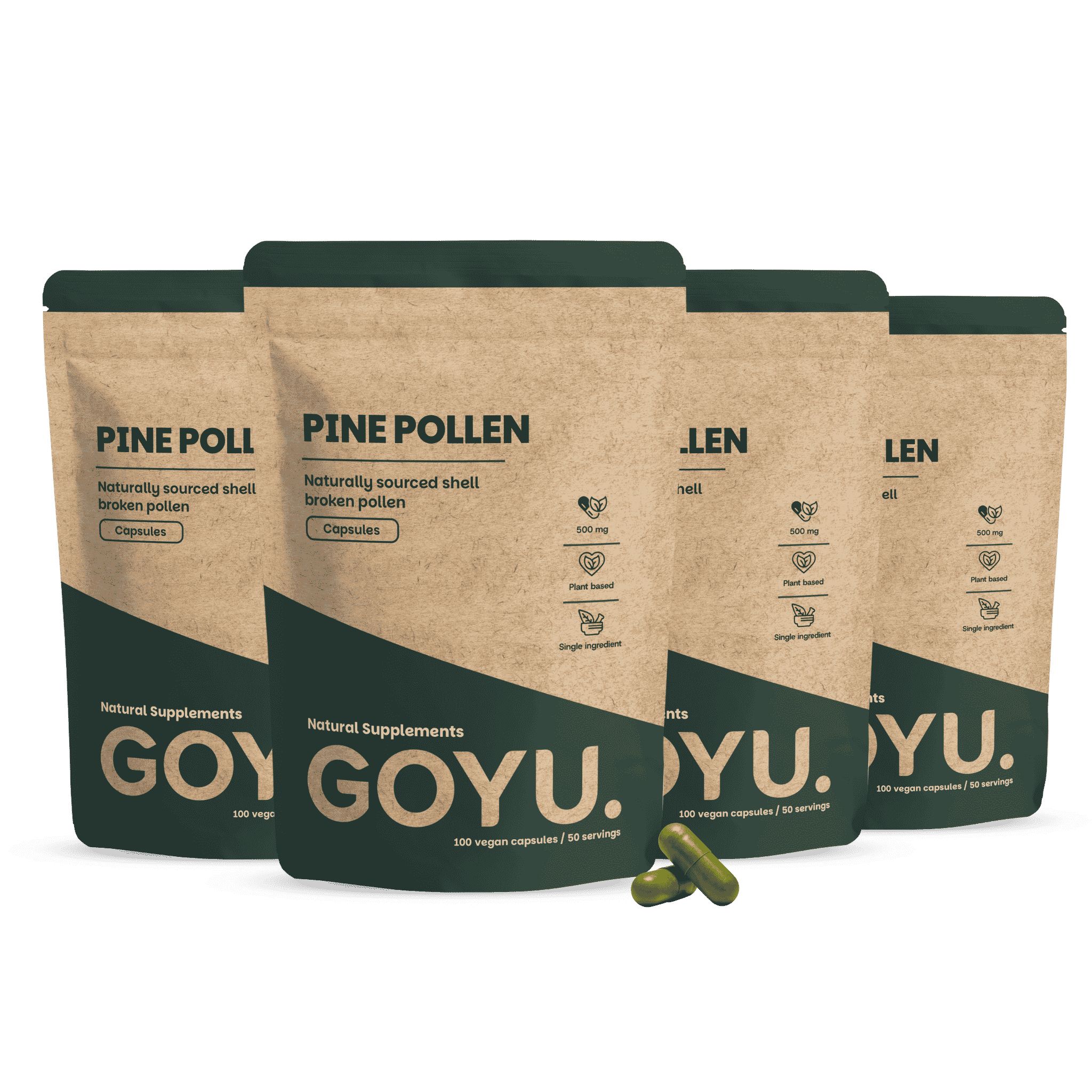 Vier verpakkingen dennenpollen capsules, één vooraan, met twee capsules ernaast.