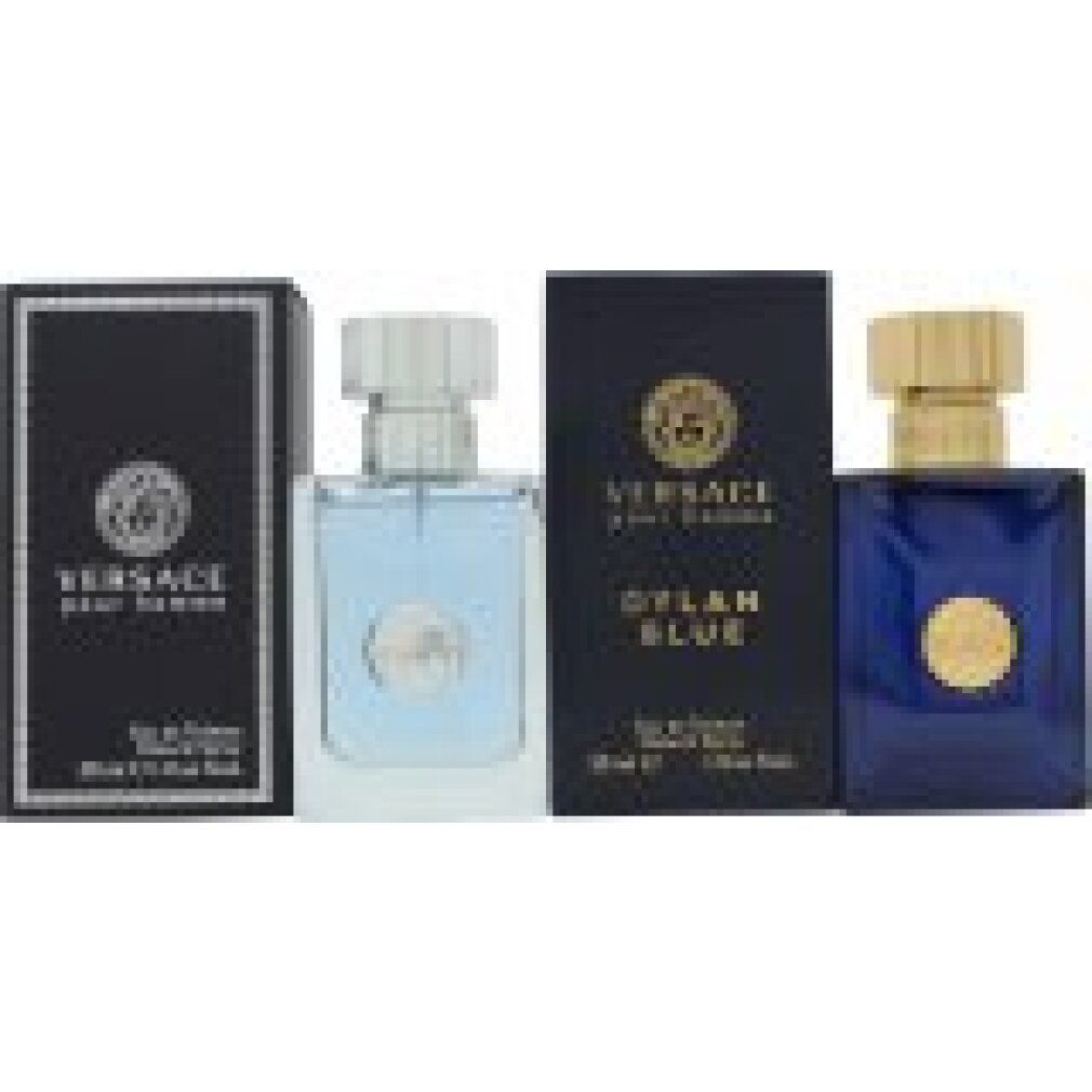 Coffret cadeau avec deux parfums et deux boîtes. Parfum bleu clair et bleu foncé. Boîtes noires avec logo.