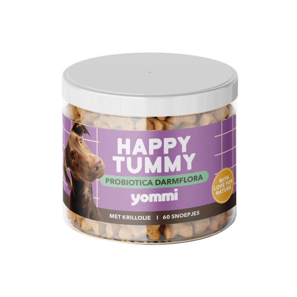 Hondenvoer pot met 'Happy Tummy' opschrift, probiotica darmflora.