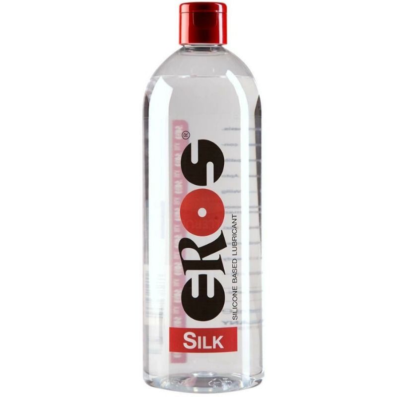 Fles Eros Silk glijmiddel met rode dop en zwarte belettering.