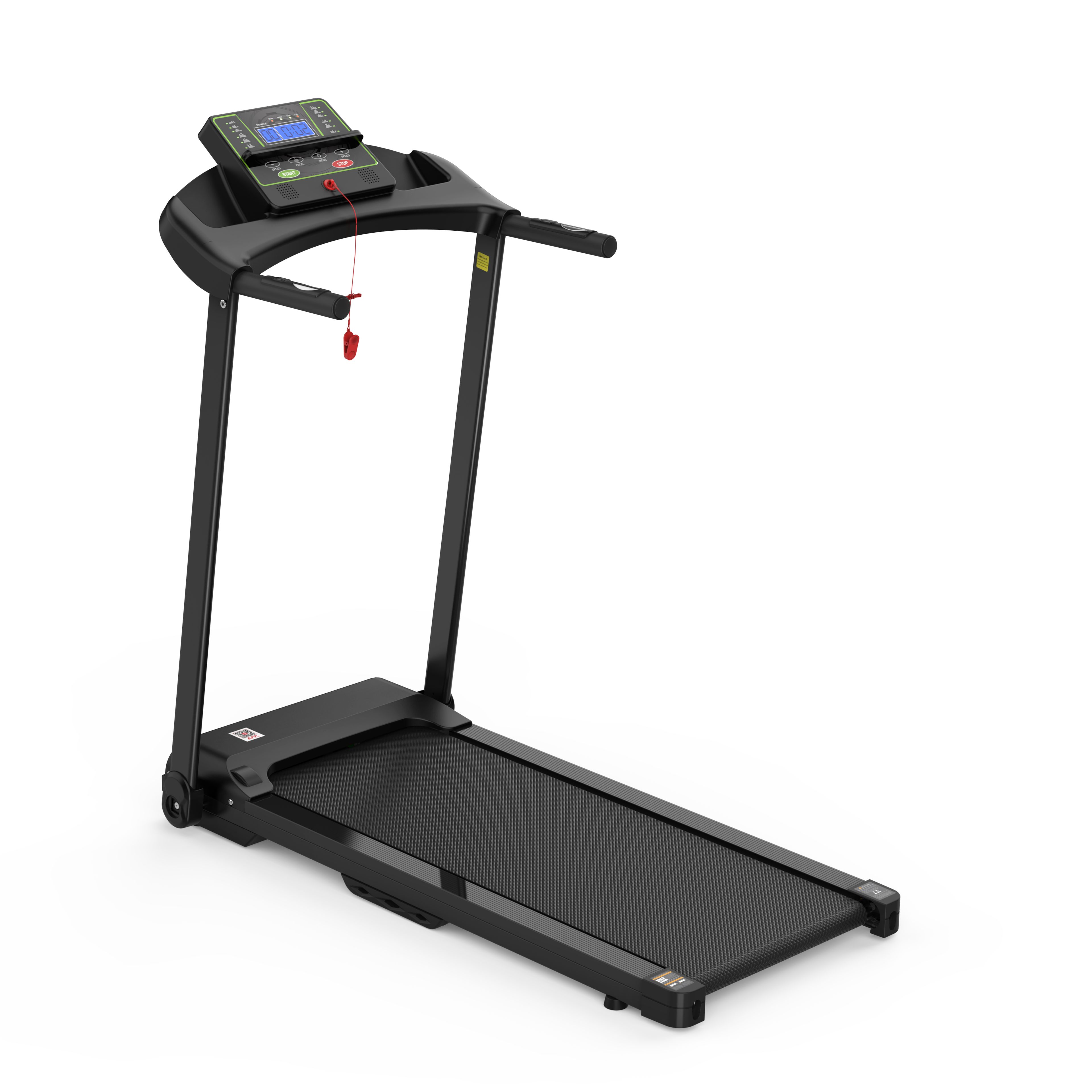 Tapis roulant noir avec écran et poignées. Clip de sécurité rouge.
