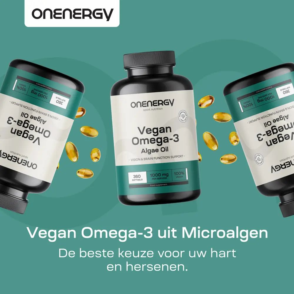 Drie flessen OnEnergy Vegan Omega-3 uit algen. "Vegan Omega-3 uit microalgen".