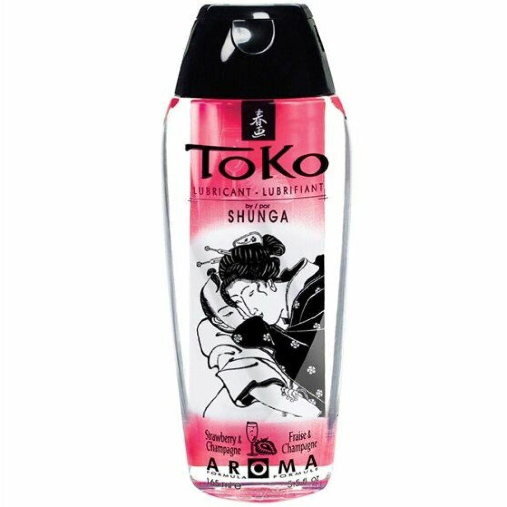 Lubrifiant ToKo Shunga en bouteille, arôme Fraise & Champagne. Liquide transparent avec motif japonais.